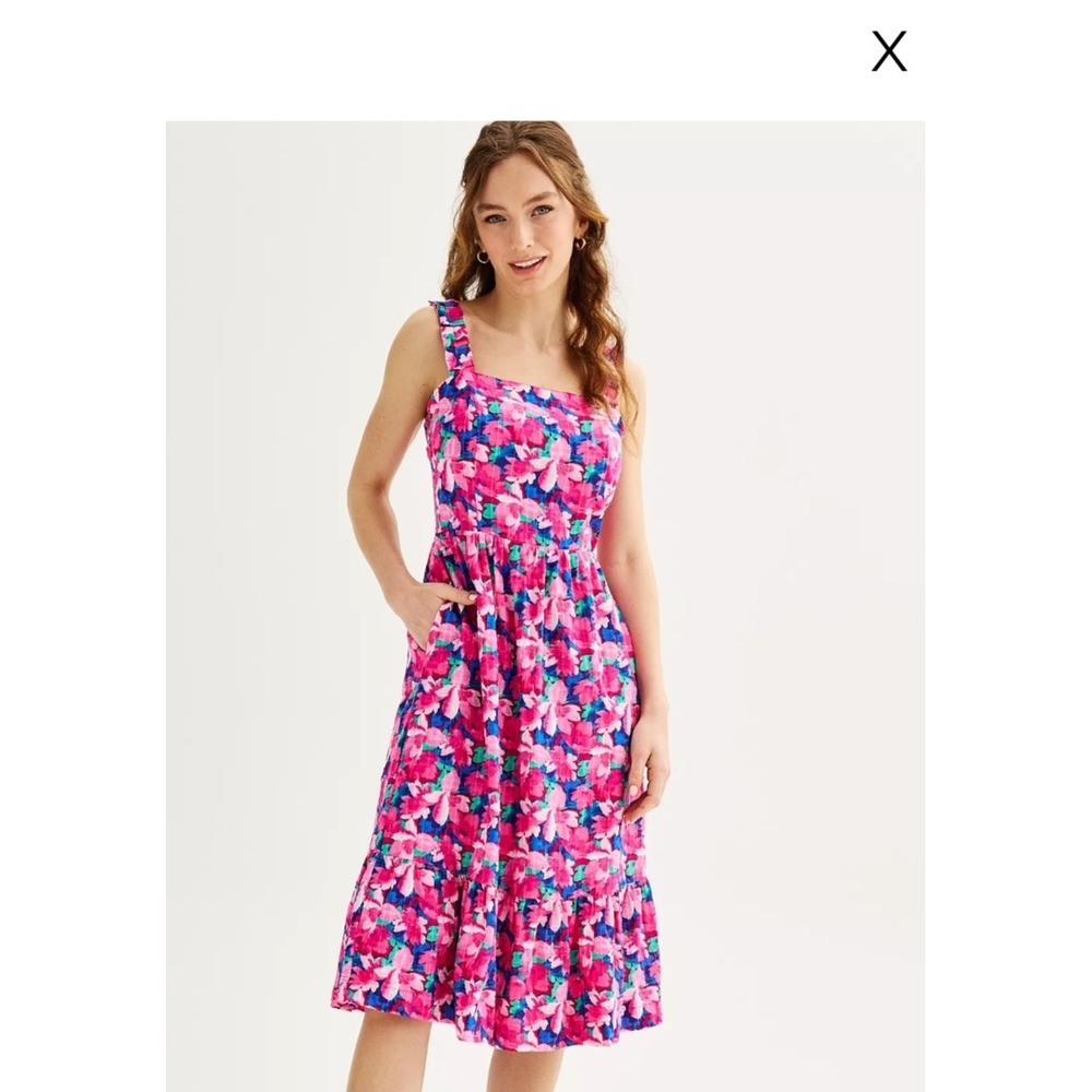 Draper James RSVP Floral Smocked Ruffle‎ Hem Squareneck Sleeveless Dress Large